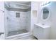 Bathroom features tiled shower with niche and stylish vanity at 385 Bethesda Park Trl, Lawrenceville, GA 30044
