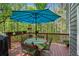 Outdoor deck with dining table and chairs under a large blue umbrella, surrounded by trees at 5876 Bridgemont Nw Pl, Acworth, GA 30101