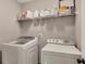 Efficient laundry room with white appliances and shelving for organizing cleaning supplies at 542 Broughton Dr, Canton, GA 30114