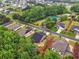 Neighborhood aerial view features lush landscaping, tennis courts, and meticulously cared-for yards at 6340 Arlington Cir, Cumming, GA 30041