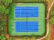 Top-down aerial view of community tennis courts surrounded by mature trees and lush landscaping at 6340 Arlington Cir, Cumming, GA 30041