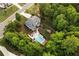 Aerial view shows home backyard pool and porch nestled amongst lush, green trees at 632 Creekside Trce, Covington, GA 30014