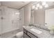 Modern bathroom featuring a glass-enclosed shower and granite countertop vanity at 2675 Sugar Mill Dr, Atlanta, GA 30316