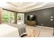 Relaxing bedroom with large windows, dark accent wall, tray ceilings, and walk out access to the back porch at 415 Morgan Falls Chase, Canton, GA 30114