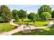 Aerial view of a manicured park with sidewalks and flower gardens at 2374 Farmstead Cir, Smyrna, GA 30080