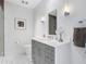 Bathroom featuring modern vanity with gray cabinets, white countertops, and tiled floors at 3376 Peachtree Ne Rd # 44B, Atlanta, GA 30326