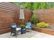 Back patio featuring comfortable seating, an umbrella, and beautiful landscaping for relaxation and outdoor enjoyment at 1906 Variations Ne Dr, Atlanta, GA 30329