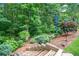 A backyard path descends wooden steps and is surrounded by lush trees and shrubs at 624 Spanish Oak Dr, Acworth, GA 30102