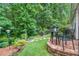 A serene backyard setting with lush greenery surrounds an outdoor seating area and grassy space at 624 Spanish Oak Dr, Acworth, GA 30102