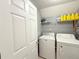 Efficient laundry room featuring modern washer and dryer, and storage shelving at 3049 Battlement, Loganville, GA 30052