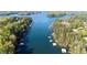 Aerial view of lakefront homes with docks and boat slips, surrounded by lush greenery at 6255 Lakeview Dr, Buford, GA 30518