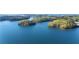 Stunning aerial view of lush islands in a serene, blue lake at 6255 Lakeview Dr, Buford, GA 30518