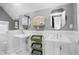 Bright bathroom with double sinks, stylish mirrors, and classic white wainscoting at 6255 Lakeview Dr, Buford, GA 30518