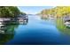 Calm lake water surrounded by lush green trees creates a serene and beautiful waterfront scene with boat docks at 6255 Lakeview Dr, Buford, GA 30518
