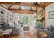 Inviting living room with stone fireplace, wood beams, and built-in bookshelves at 6255 Lakeview Dr, Buford, GA 30518