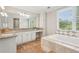 Well-lit bathroom with granite countertop, ample cabinet space, a tub and a large mirror, perfect for relaxation at 2156 Fairway Cir, Duluth, GA 30096