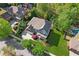 Aerial view of a beautiful home with manicured lawn, mature trees, and a sparkling swimming pool at 6414 Blue Water Dr, Buford, GA 30518