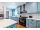 The kitchen showcases a gas range, white subway tile, quartz countertops, and light blue cabinetry at 333 Mimosa Dr, Decatur, GA 30030