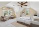 Staged main bedroom with vaulted ceiling, two windows, sitting area, and a comfortable bed at 2849 Shiaway Trl, Snellville, GA 30039