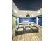 Finished basement with a home theater area, seating, projector and screen and a blue accent wall at 4685 Trefoil Path, Cumming, GA 30040