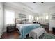 Bright bedroom featuring a sitting area, tray ceilings, and a large bed with decorative pillows and a blue throw at 524 Tackett Farms Rd, Smyrna, GA 30082