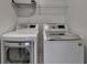 Laundry room featuring modern, front-loading, white washer and dryer with metal storage shelf above at 2272 Misty Brook Ct, Buford, GA 30519