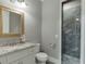 Stylish bathroom with granite countertop, vessel sink, framed mirror, and tiled walk-in shower at 6050 Eagle Close Ln, Sugar Hill, GA 30518