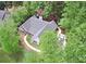 Aerial view of charming home surrounded by lush, mature trees with circular driveway at 7675 Lanier View Rdg, Cumming, GA 30041