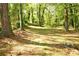 View of the large wooded backyard with sparse grass and pine trees at 110 Ridge Se Ct, Mableton, GA 30126