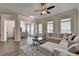Inviting living room with hardwood floors, fan, and a comfortable sectional couch with plenty of natural light at 3003 Evanshire Ave, Duluth, GA 30096