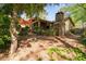 This backyard features a stone fireplace, covered patio, and a lush lawn with mature trees and landscaping at 4030 Muirfield Ln, Marietta, GA 30068