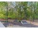 Backyard featuring landscaped garden beds and a wooded view at 519 River Estates Pkwy, Canton, GA 30115