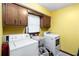 Functional laundry room with yellow walls featuring a utility sink, washer and dryer, plus upper wooden cabinets at 5272 Cumberland Way, Stone Mountain, GA 30087