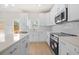 Well-lit kitchen showcasing quartz counters, white cabinets, tile backsplash, and stainless steel appliances at 5443 Blossomwood Sw Trl, Mableton, GA 30126