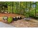 Landscaped backyard with stone patio, seating area, and mature trees providing privacy at 3290 Camellia Ln, Suwanee, GA 30024