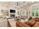 Inviting living room with stone fireplace, built-in shelving, and french doors leading to the backyard at 3290 Camellia Ln, Suwanee, GA 30024
