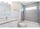 Bathroom featuring sleek, modern design with white vanity and tiled shower at 1934 Westwood Sw Ave, Atlanta, GA 30310