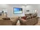 Open living room with couches, projector screen and access to kitchen and outdoor seating at 560 Brook Manor Dr, Johns Creek, GA 30022