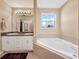 Bathroom featuring a double sink vanity, a large mirror, and a tub under a window at 502 Owens Springs Ln, Mcdonough, GA 30252