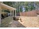 Backyard featuring stone patio, fire pit and privacy fence at 123 Stoneforest Dr, Woodstock, GA 30189
