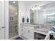 Bright bathroom with a glass shower, a double sink vanity with granite countertop and white cabinets at 64 Emerson Hill Sq, Marietta, GA 30060
