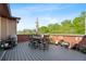 An outdoor deck with dining furniture, an umbrella, and lots of potted plants at 64 Emerson Hill Sq, Marietta, GA 30060