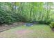 Spacious backyard with lush greenery, a wooded area, and a small seating area at 2262 Silver Fox Ln, Buford, GA 30519