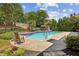 An in-ground backyard pool surrounded by lush landscaping, mature trees, and a lounge area at 5605 Preserve Cir, Johns Creek, GA 30005