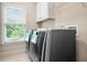 Efficient laundry room with modern washer and dryer, natural light from the window, and upper cabinets for storage at 135 Haleys Cir, Woodstock, GA 30188