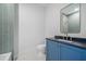 Stylish bathroom featuring blue vanity, tile accents, and modern fixtures for a sleek and functional space at 0 Chattahoochee St, Roswell, GA 30075