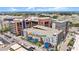 Aerial view of The Interlock, showcasing its mix of buildings, rooftop pool, and vibrant mural at 1436 Fairmont Nw Ave, Atlanta, GA 30318