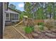 Landscaped backyard featuring a charming playset, flower beds, and stone walkway at 191 Gates Mill Dr, Lawrenceville, GA 30045