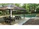 A covered picnic area with tables next to a playground with swings is shaded by trees at 1919 Edinburgh Ne Ter, Atlanta, GA 30307