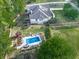 This aerial view showcases the home's backyard, pool, patio, and fenced yard at 1076 Pinyan Ln, Canton, GA 30115
